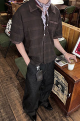 ESAIAS Plaid Layered Raw-Edge Half Shirt Brown