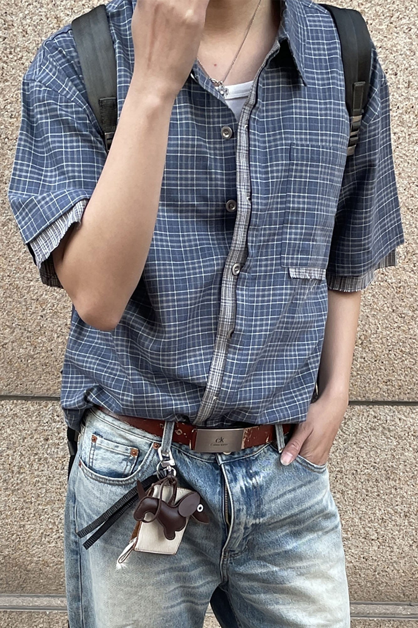 ESAIAS Plaid Layered Raw-Edge Half Shirt Blue