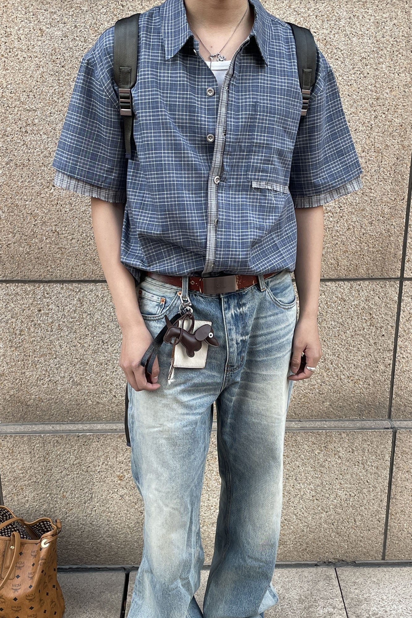 ESAIAS Plaid Layered Raw-Edge Half Shirt Blue