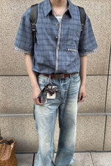 ESAIAS Plaid Layered Raw-Edge Half Shirt Blue