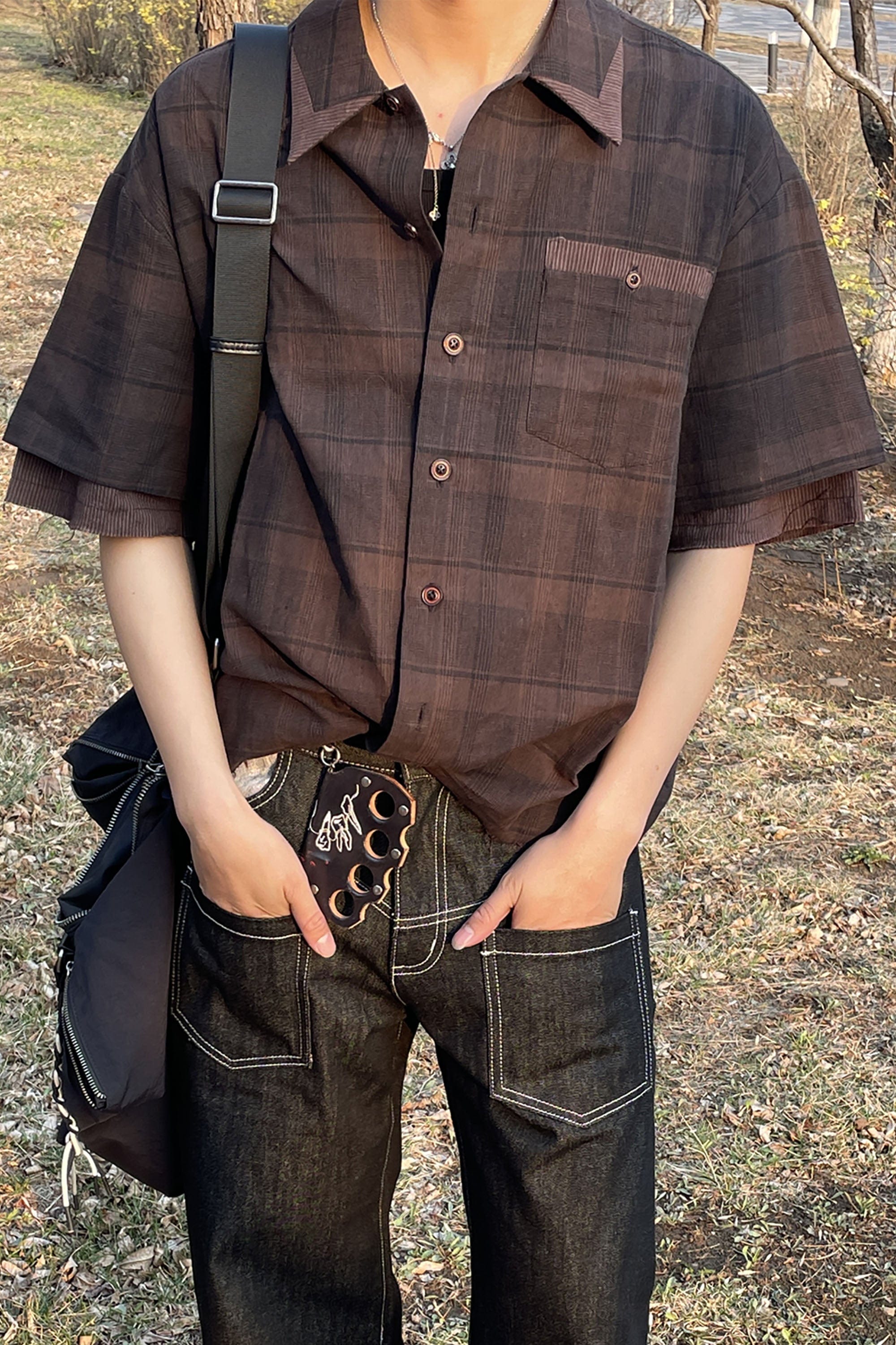 ESAIAS Plaid Layered Raw-Edge Half Shirt Brown