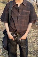 ESAIAS Plaid Layered Raw-Edge Half Shirt Brown