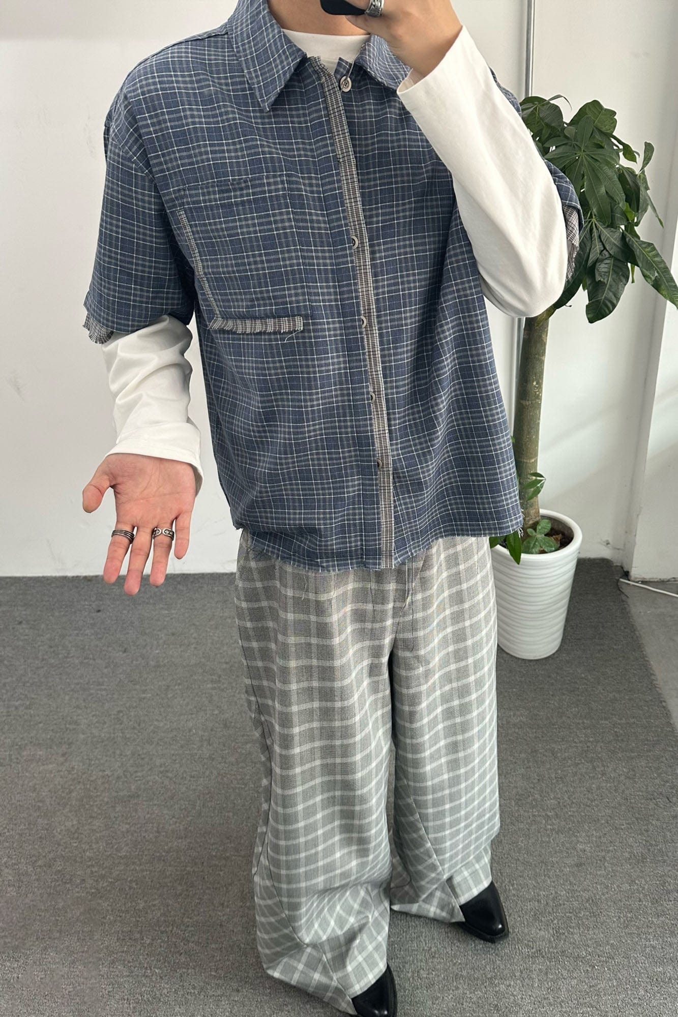 ESAIAS Plaid Layered Raw-Edge Half Shirt Blue