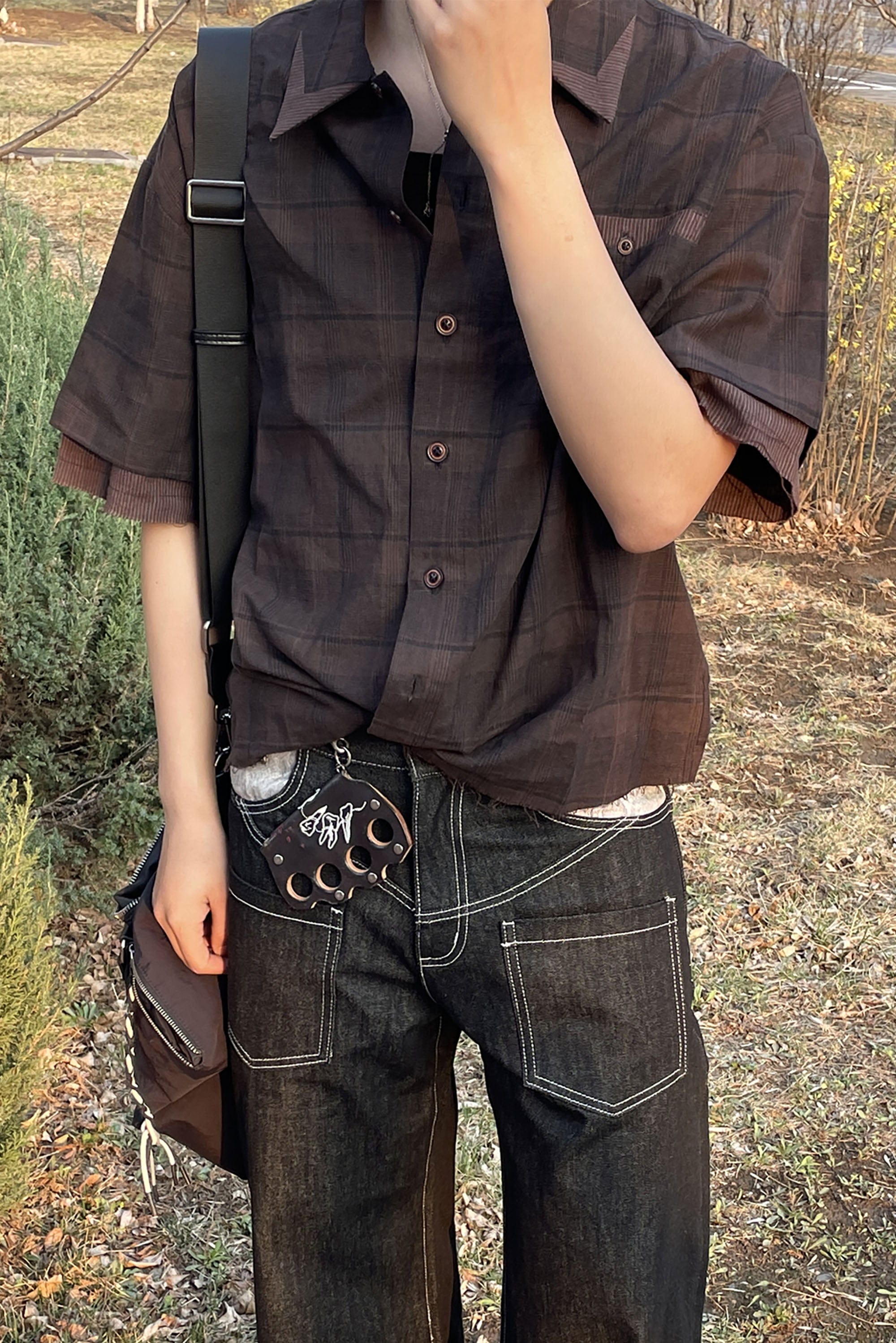 ESAIAS Plaid Layered Raw-Edge Half Shirt Brown