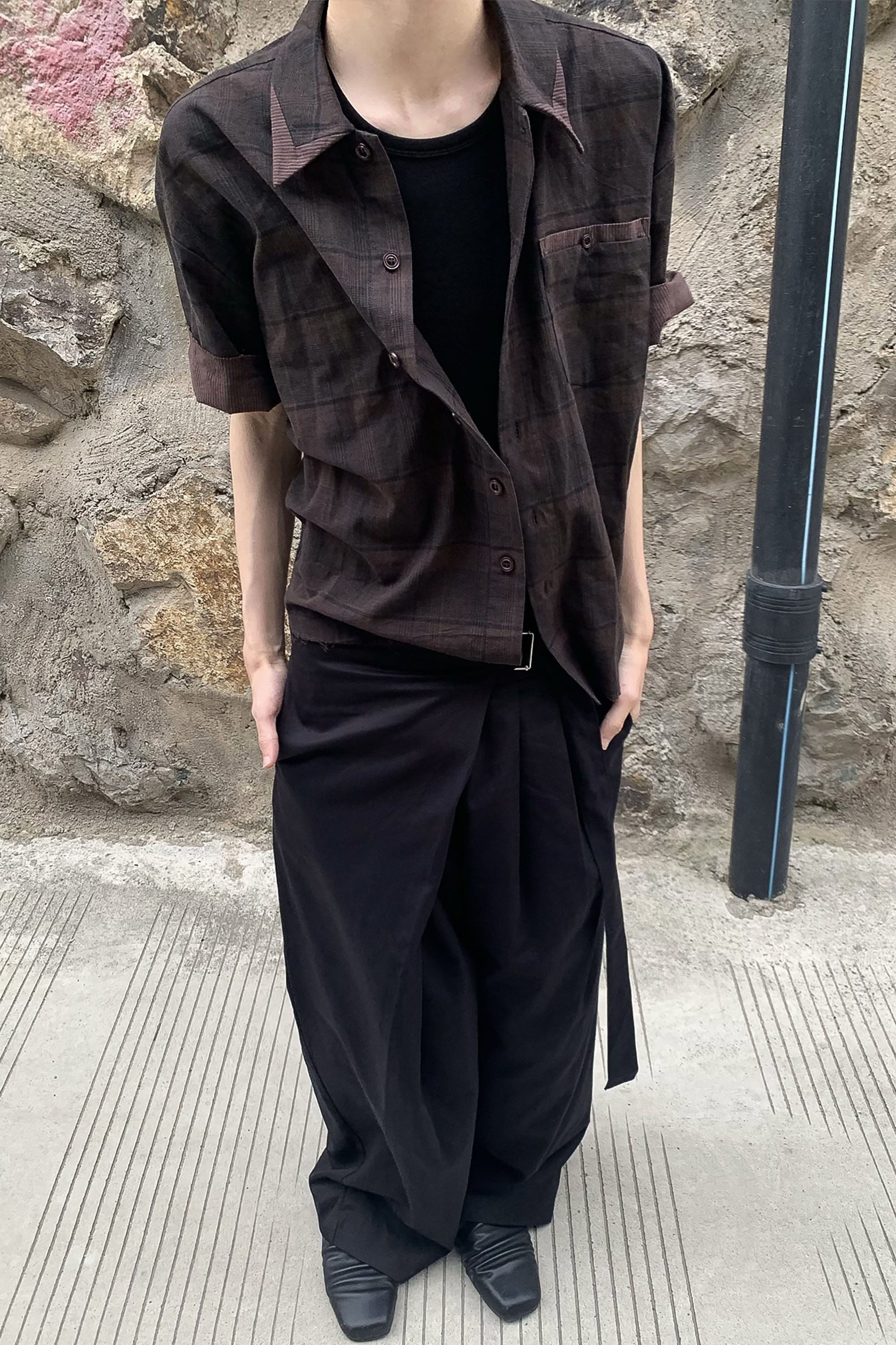 ESAIAS Plaid Layered Raw-Edge Half Shirt Brown
