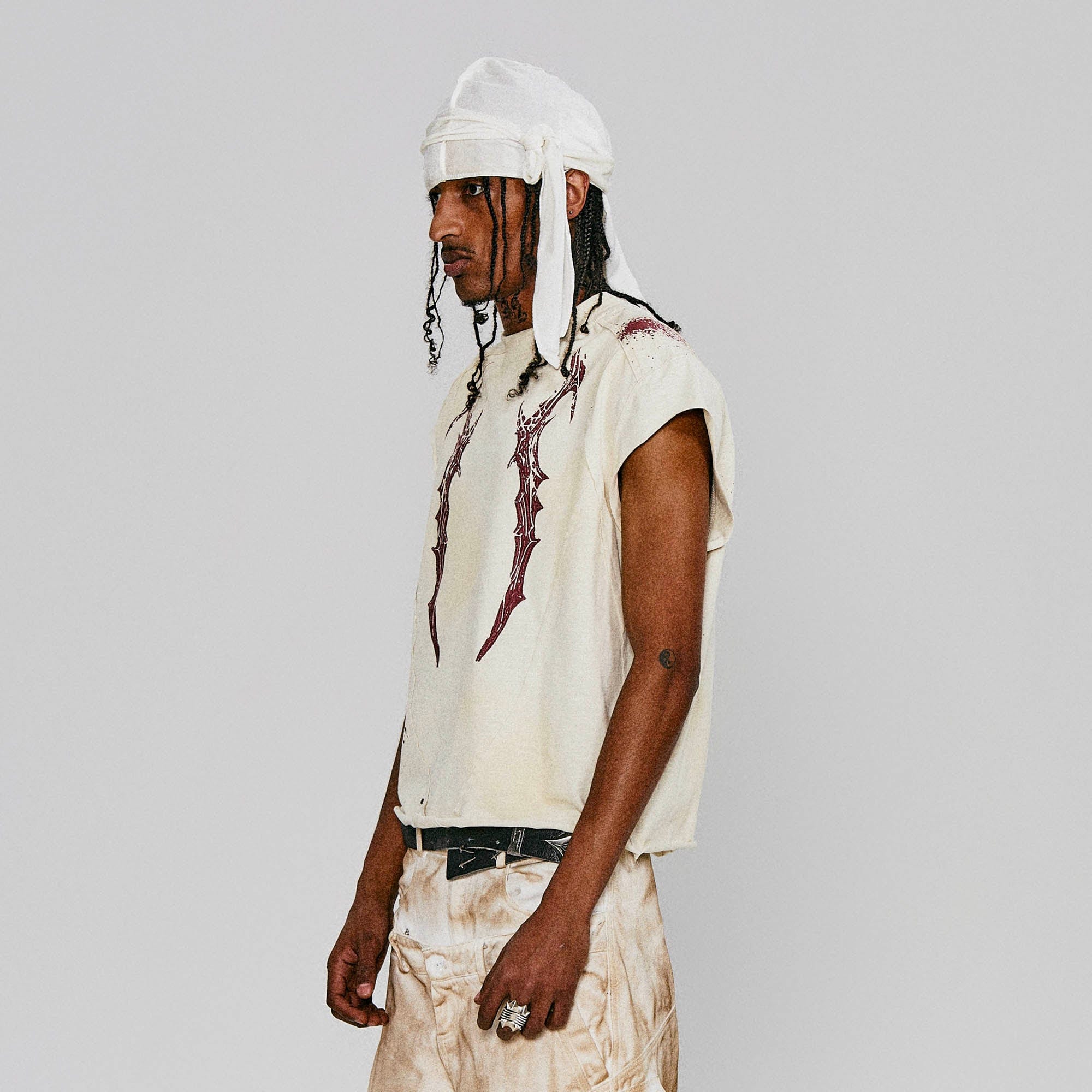 FLYERRER Deconstructed Distressed Scythe-Graphic Cap Sleeve Tee