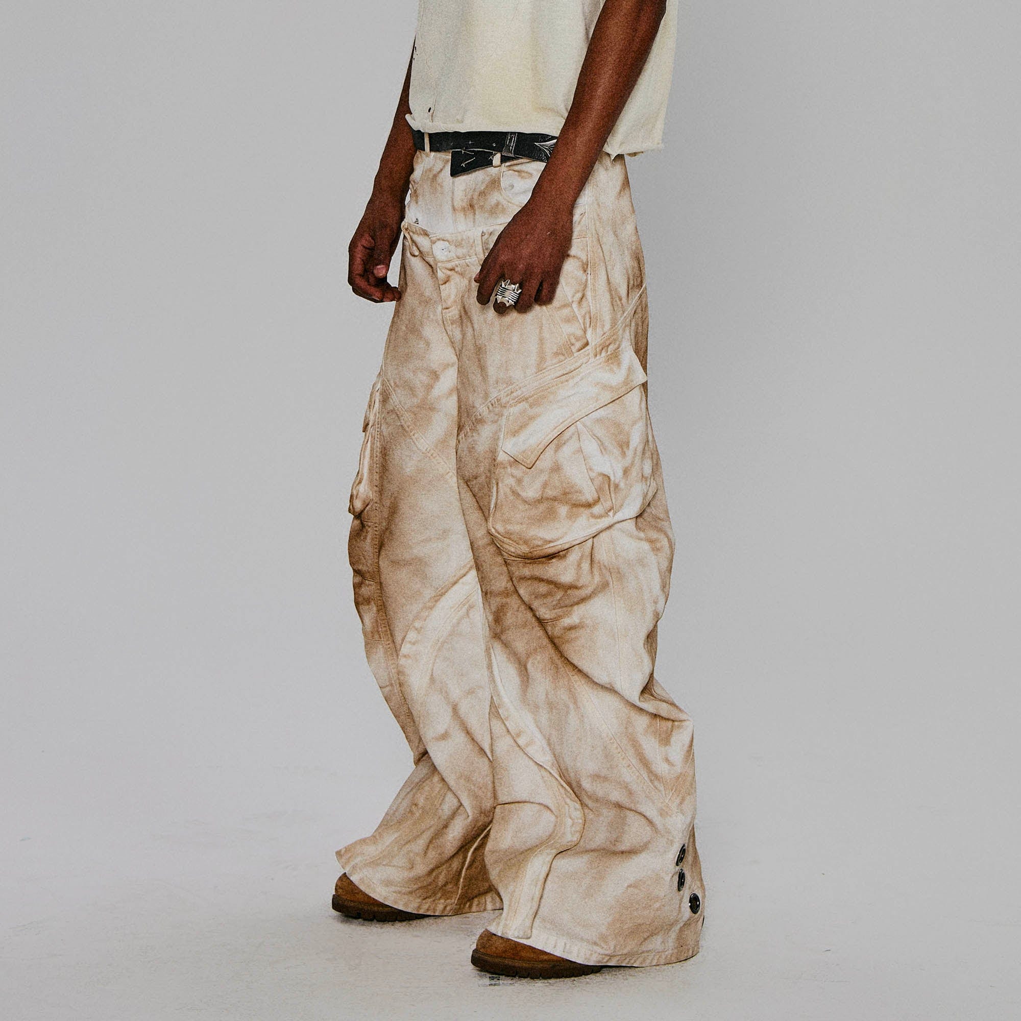 FLYERRER Rusted Double-Waist Multi-Pocket Curved-Leg Cargo