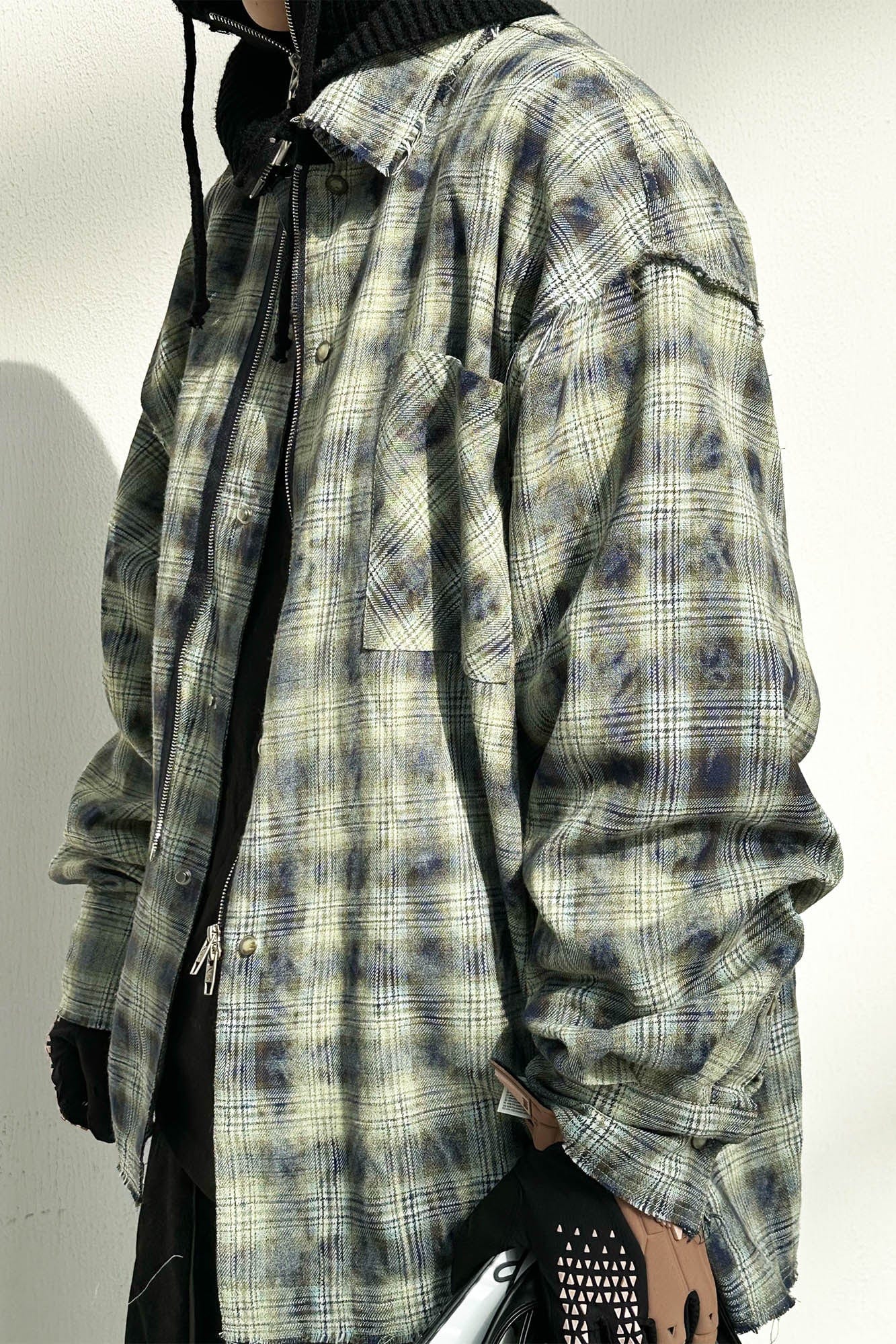 RELABEL Tie-dye Plaid Dual Closure Frayed Shirt