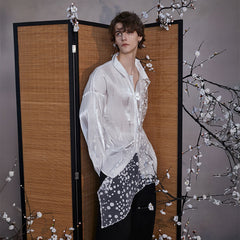 JIECHI Dots Tulle Drape Iridescent Shirt