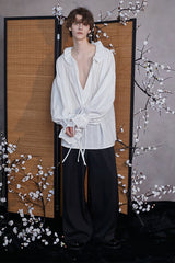 JIECHI Pearl Beading Embellished Ruffle Poet Shirt