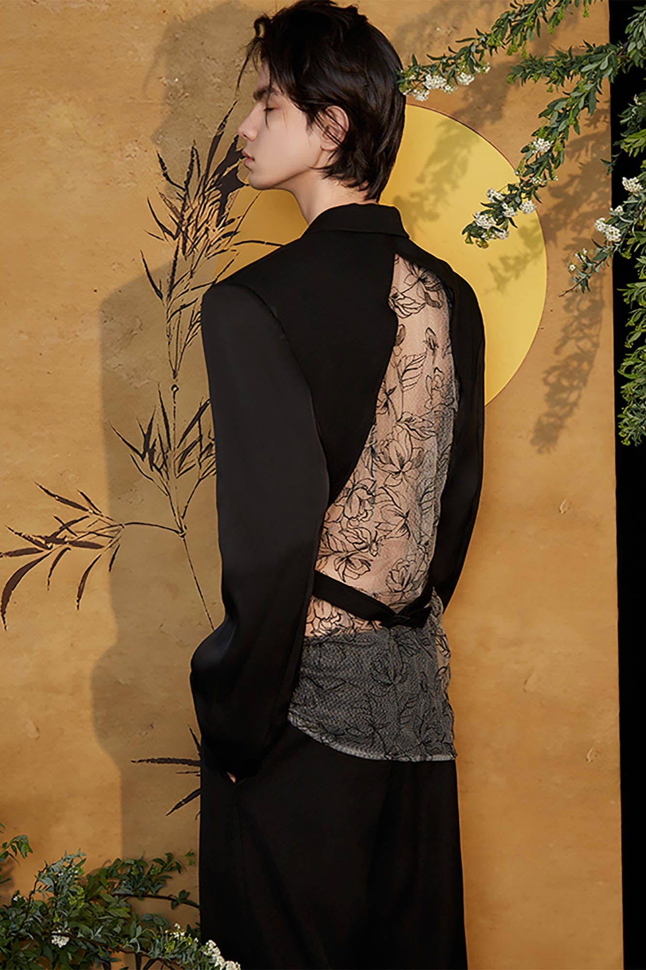 JIECHI Sheer Lace Panel Backless V-Neck Blazer