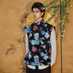 JIECHI Sequin Floral Embroidered Mandarin Collar Vest