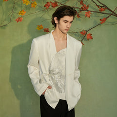 JIECHI Asymmetrical Curved Placket Jacquard Blazer