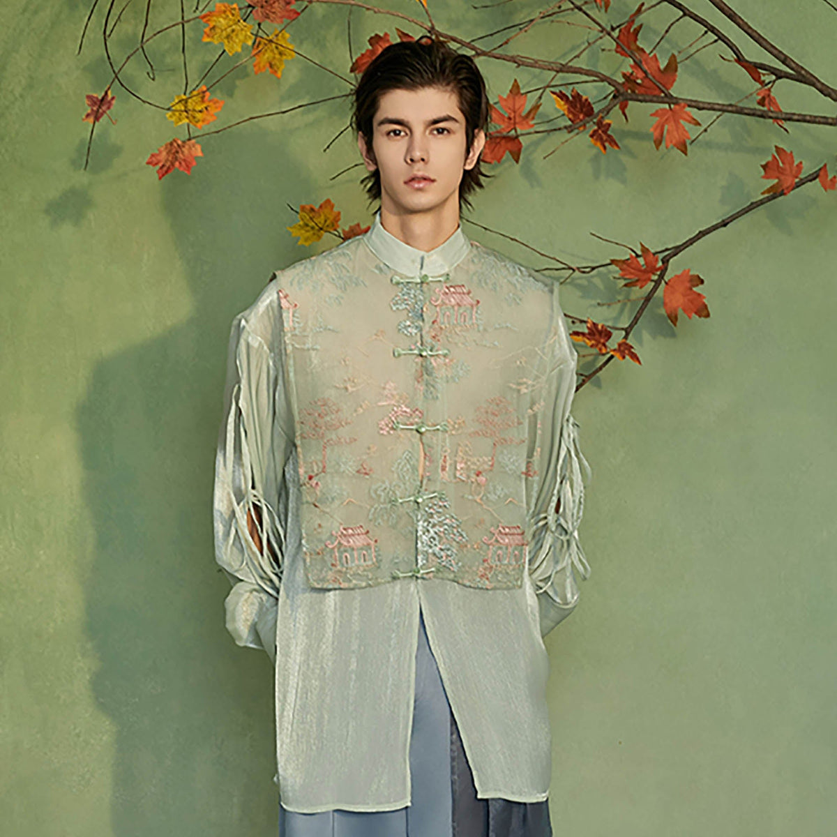 JIECHI Embroidery Double-Layered Vest Silky Shirt