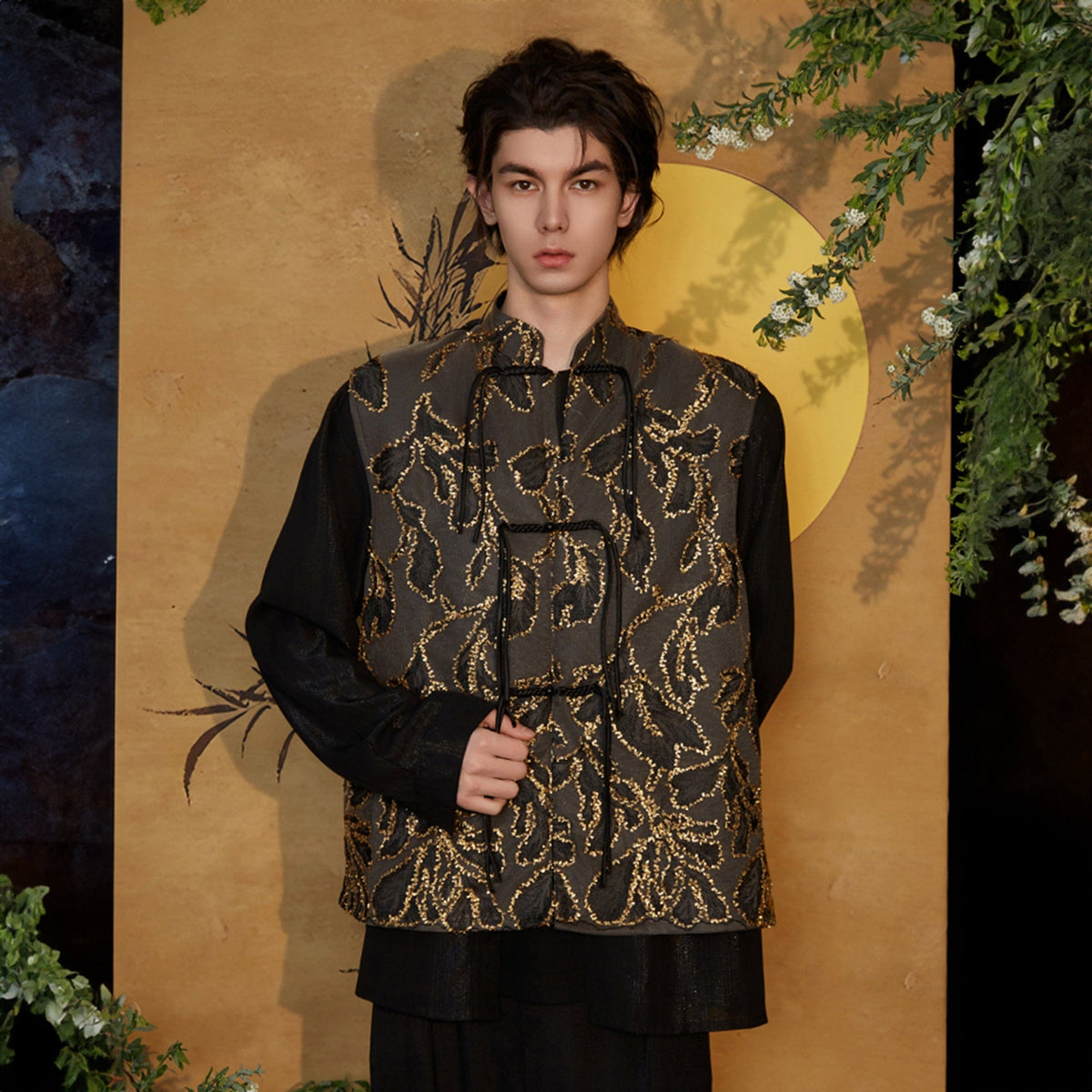 JIECHI Embroidered Metallic Jacquard Frog Button Shirt