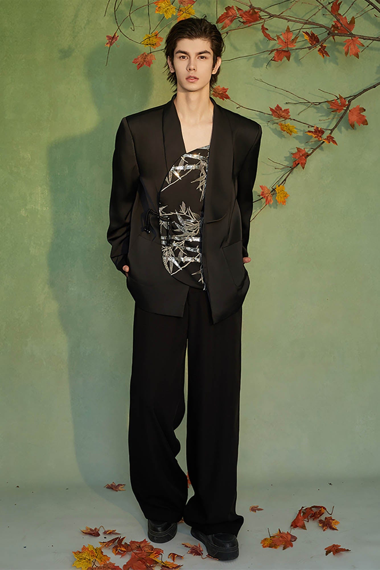 JIECHI Silver Bamboo Embroidery Asymmetrical Placket Blazer
