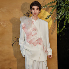 JIECHI Asymmetrical Ruffled Tulle Embellished Blazer