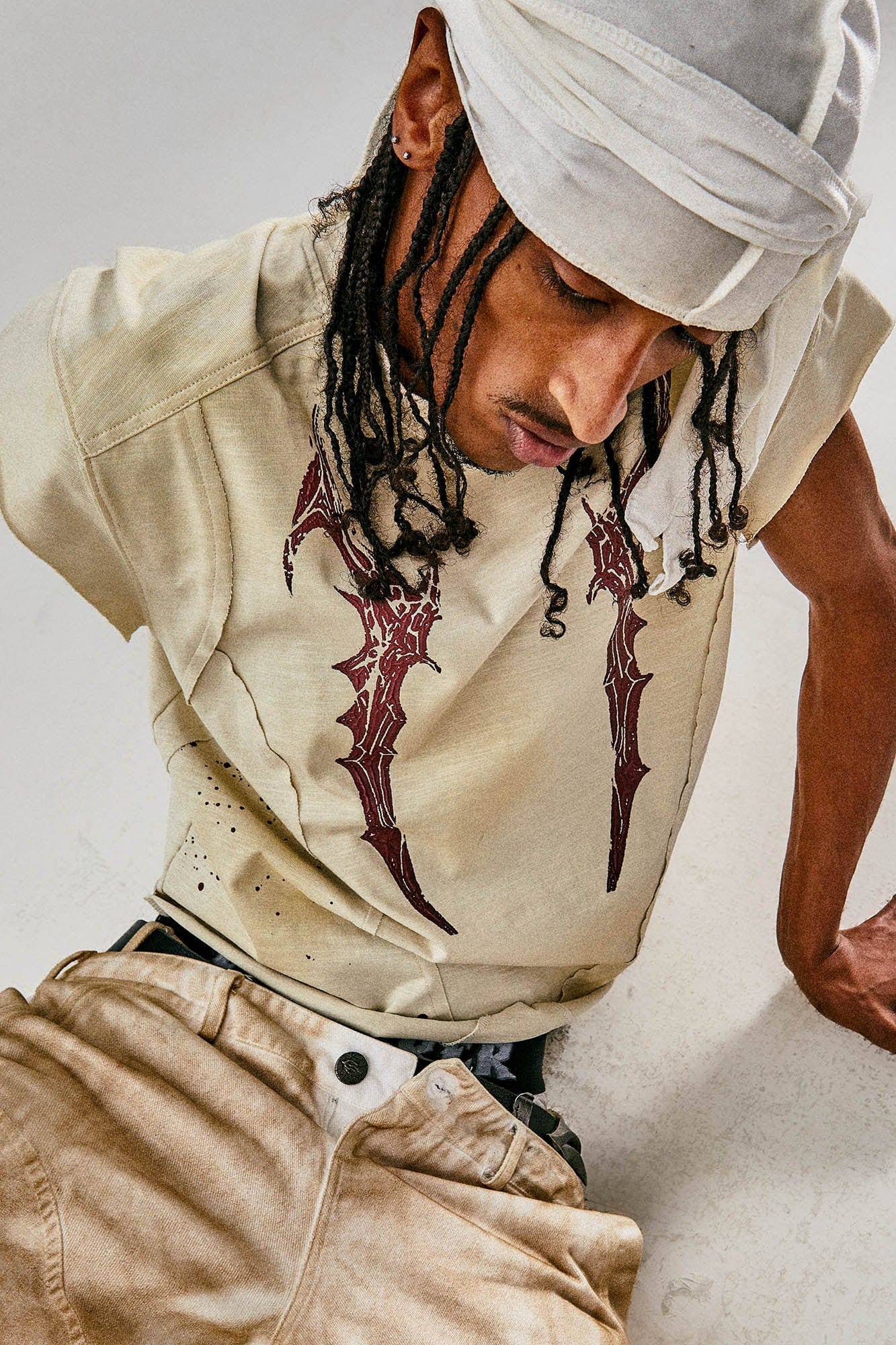 FLYERRER Deconstructed Distressed Scythe-Graphic Cap Sleeve Tee