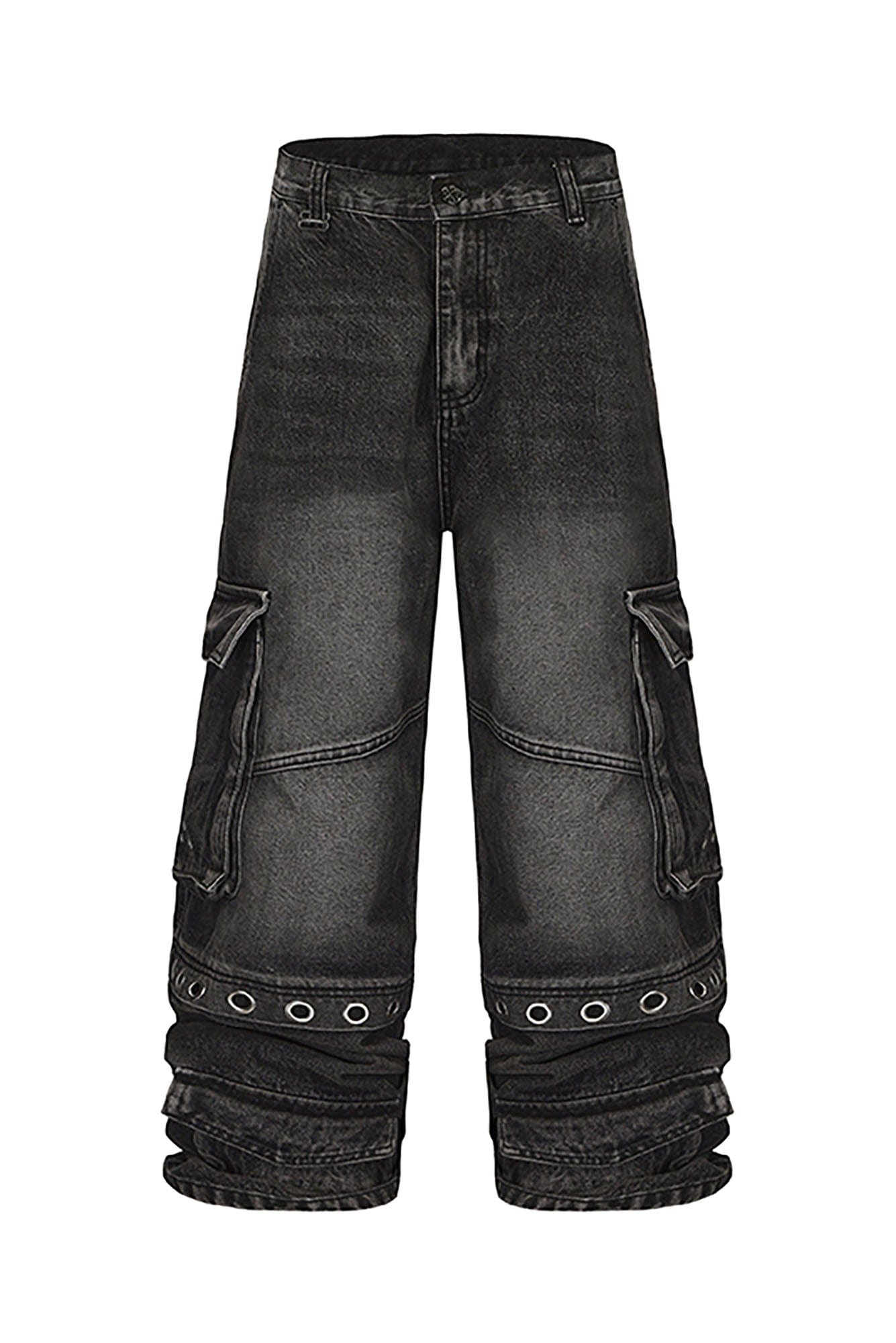 BLACK8MOB Washed Multi-Pocket Grommet Stacked Cargo Jeans