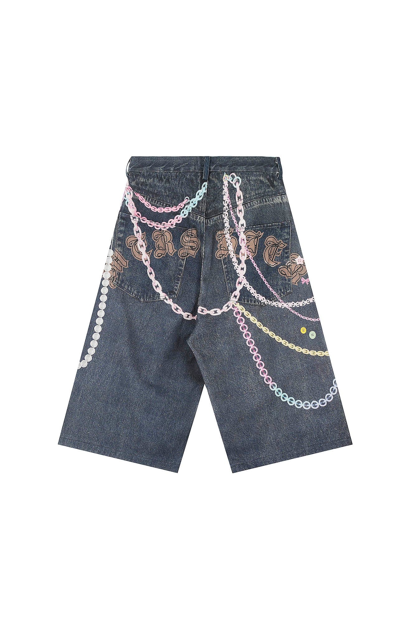 CLP Beaded Chain Graphics Wide-Leg Denim Shorts