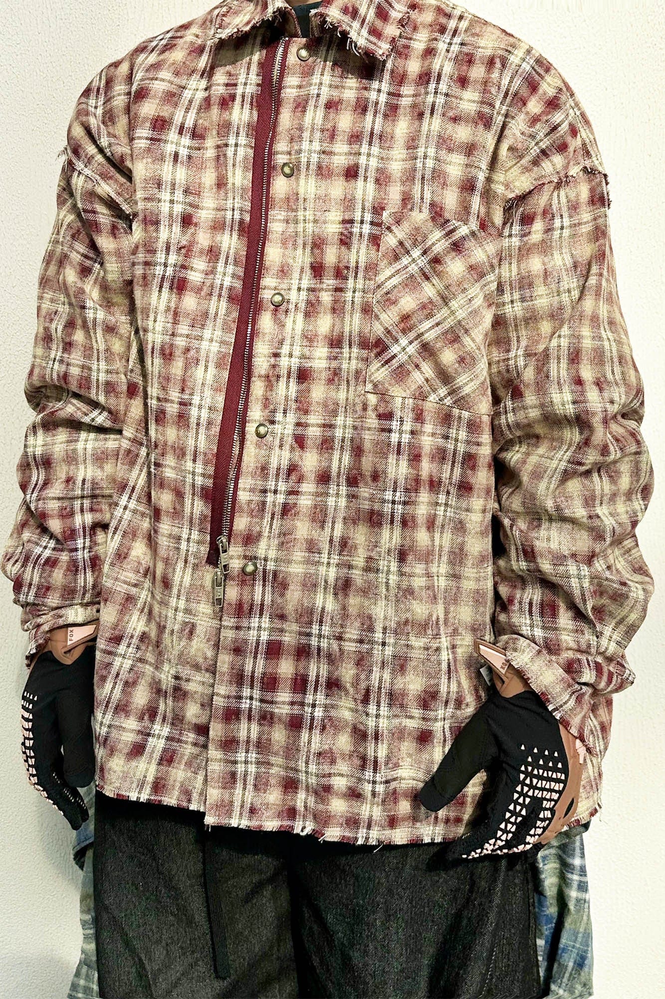 RELABEL Tie-dye Plaid Dual Closure Frayed Shirt