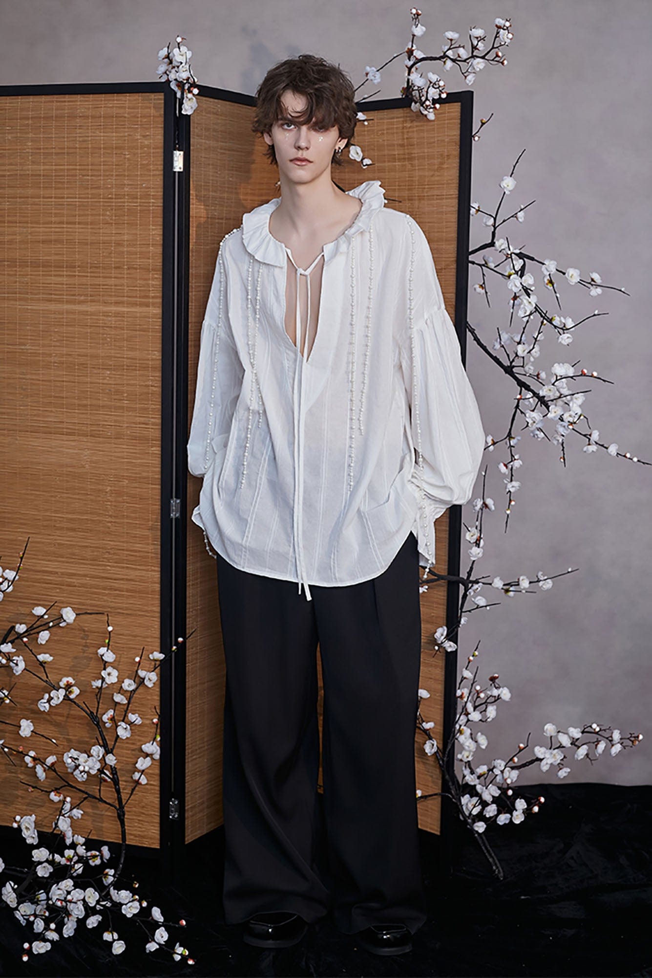 JIECHI Pearl Beading Embellished Ruffle Poet Shirt