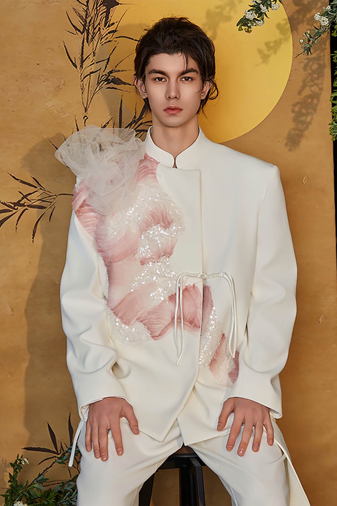 JIECHI Asymmetrical Ruffled Tulle Embellished Blazer
