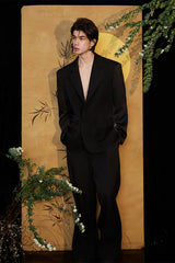 JIECHI Sheer Lace Panel Backless V-Neck Blazer