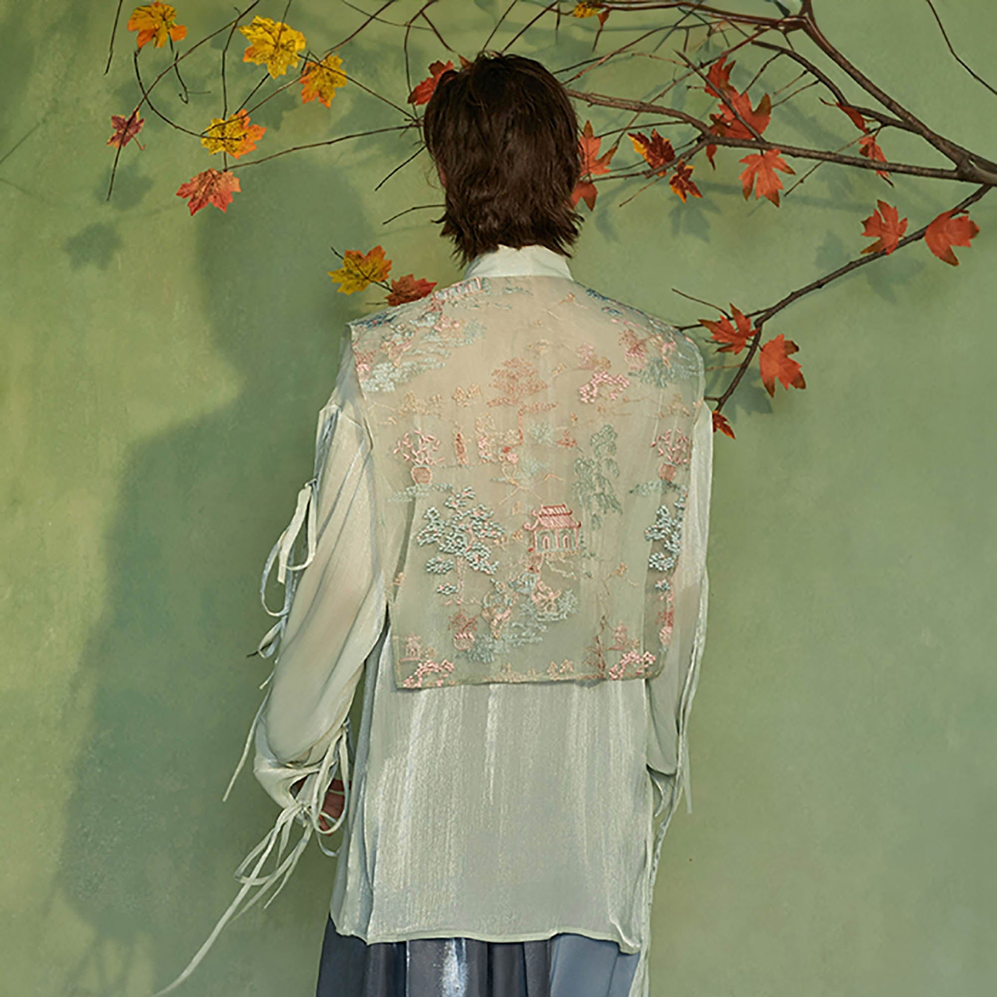 JIECHI Embroidery Double-Layered Vest Silky Shirt