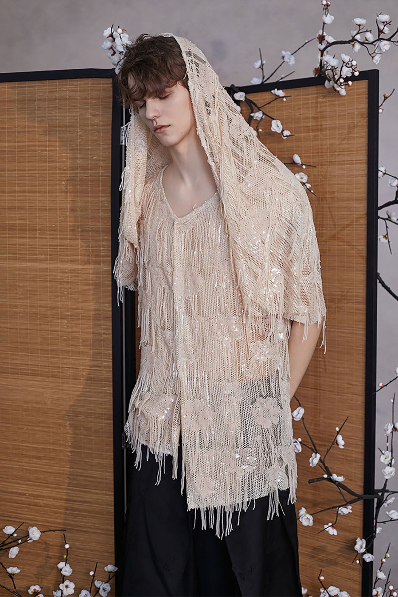 JIECHI Fringed Sequin Embroidered Hooded Poncho