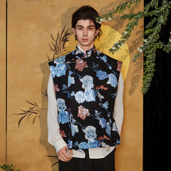 JIECHI Sequin Floral Embroidered Mandarin Collar Vest