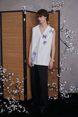 JIECHI Butterfly&Floral Asymmetrical Sheer V-Neck Vest