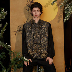 JIECHI Embroidered Metallic Jacquard Frog Button Shirt