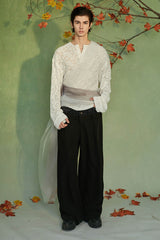 JIECHI Layered Sheer Wrap Lace Henley Shirt