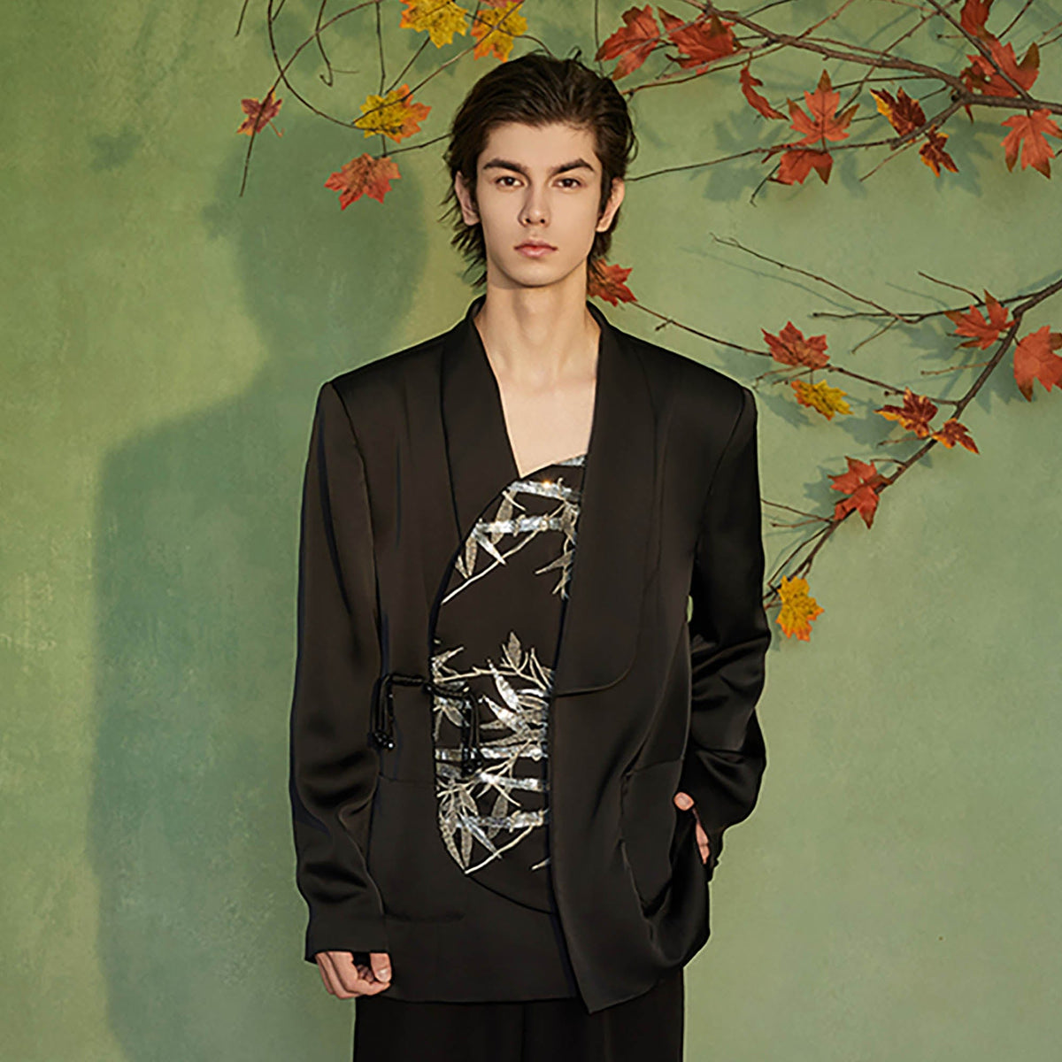 JIECHI Silver Bamboo Embroidery Asymmetrical Placket Blazer