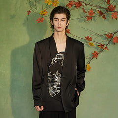 JIECHI Silver Bamboo Embroidery Asymmetrical Placket Blazer