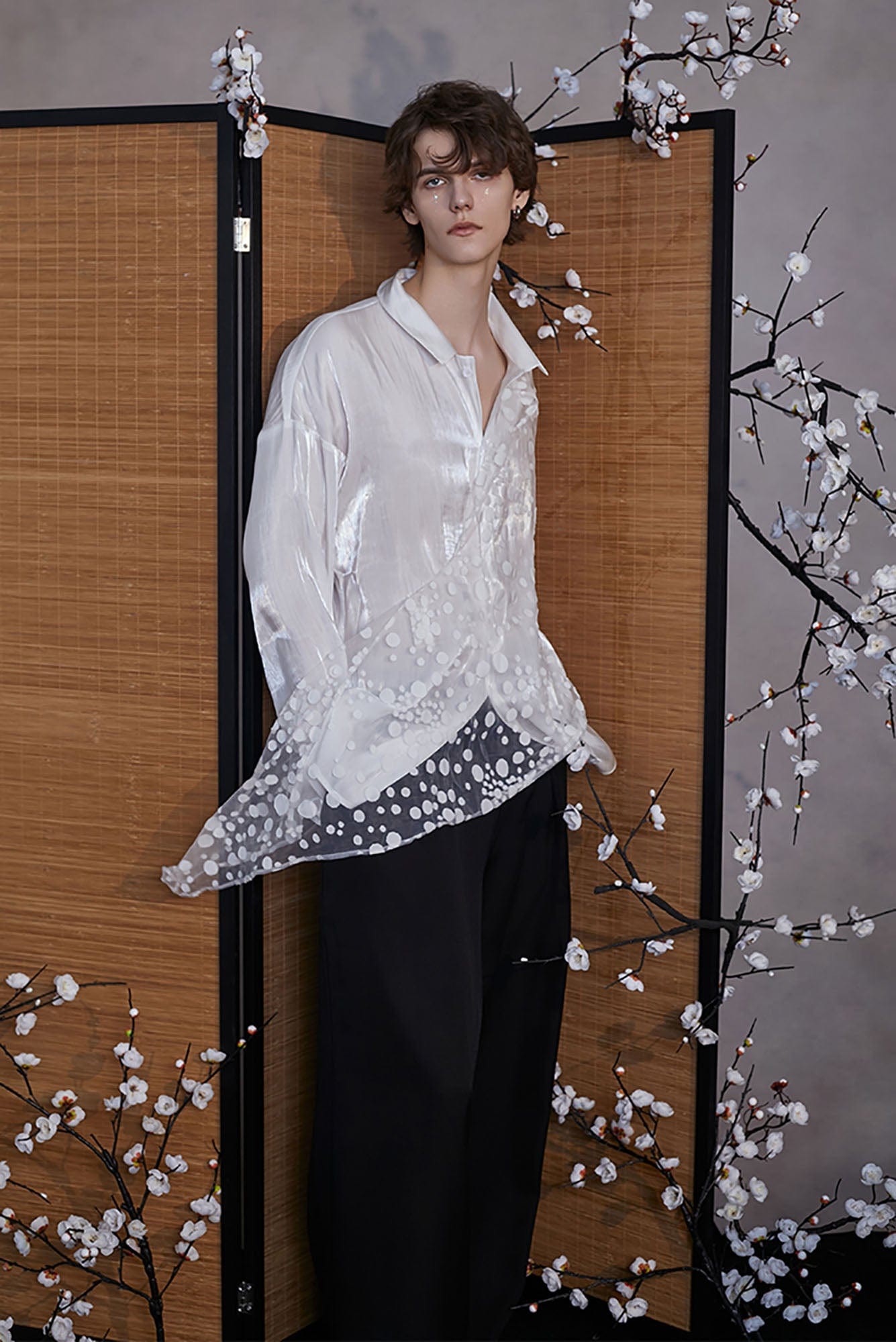 JIECHI Dots Tulle Drape Iridescent Shirt