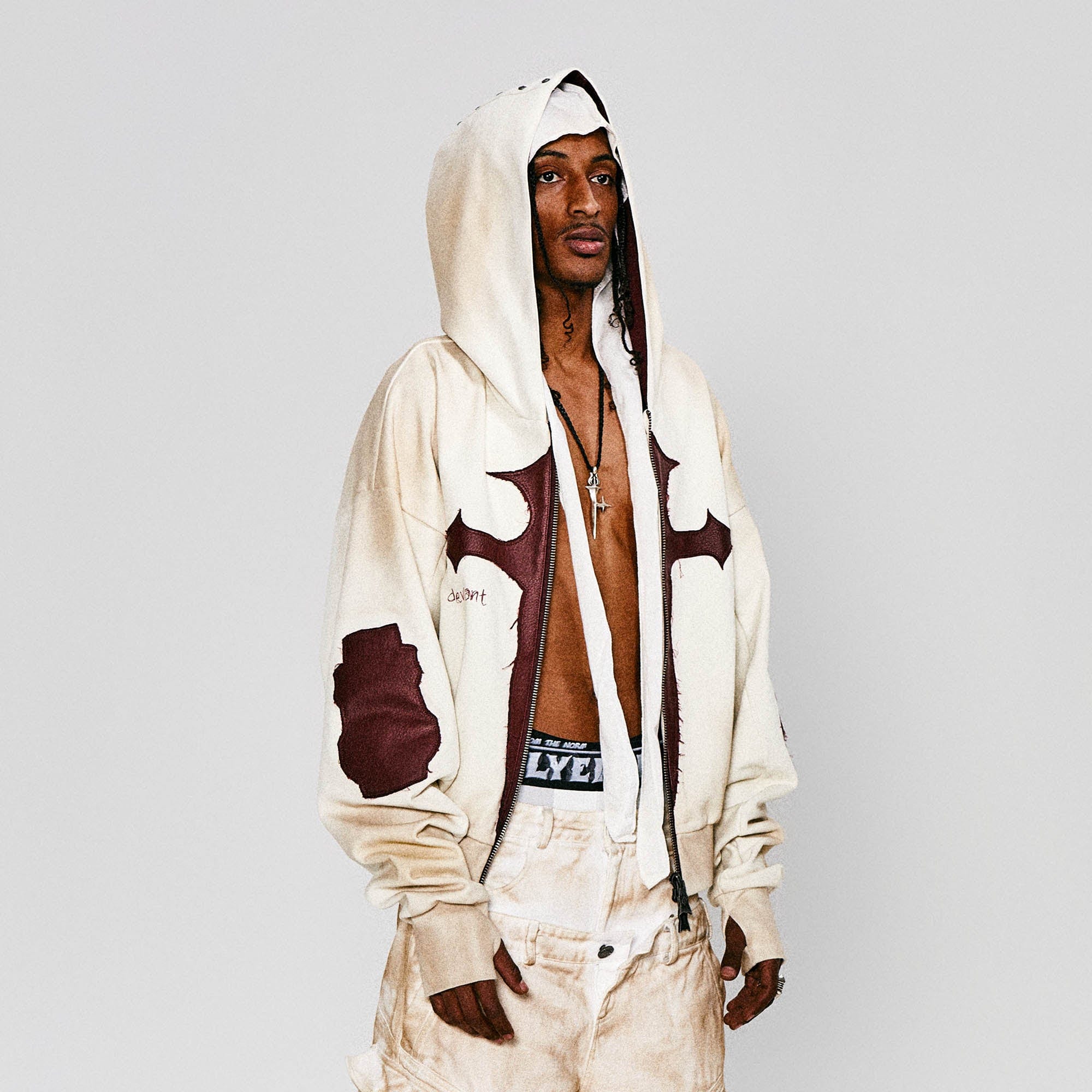 FLYERRER Distressed Cross Patch Studded Hooded Jacket