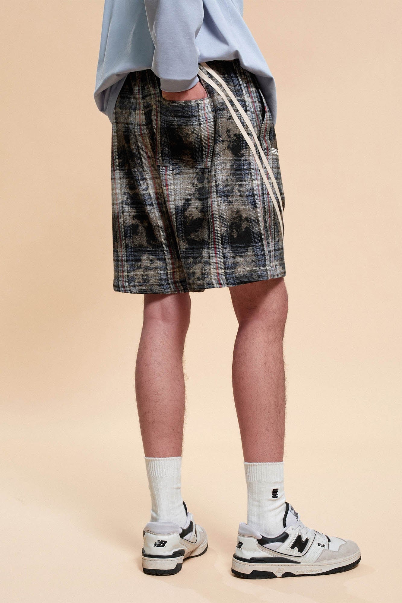 BONELESS Plaid Distressed Drawstring Shorts
