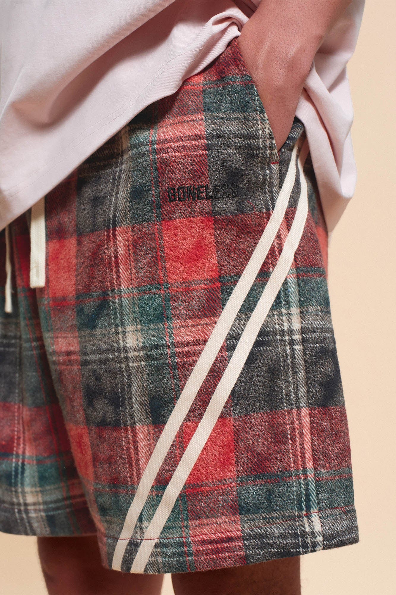 BONELESS Plaid Distressed Drawstring Shorts