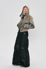 FLYERRER Distressed Spliced Studded Hooded Short Denim Jacket