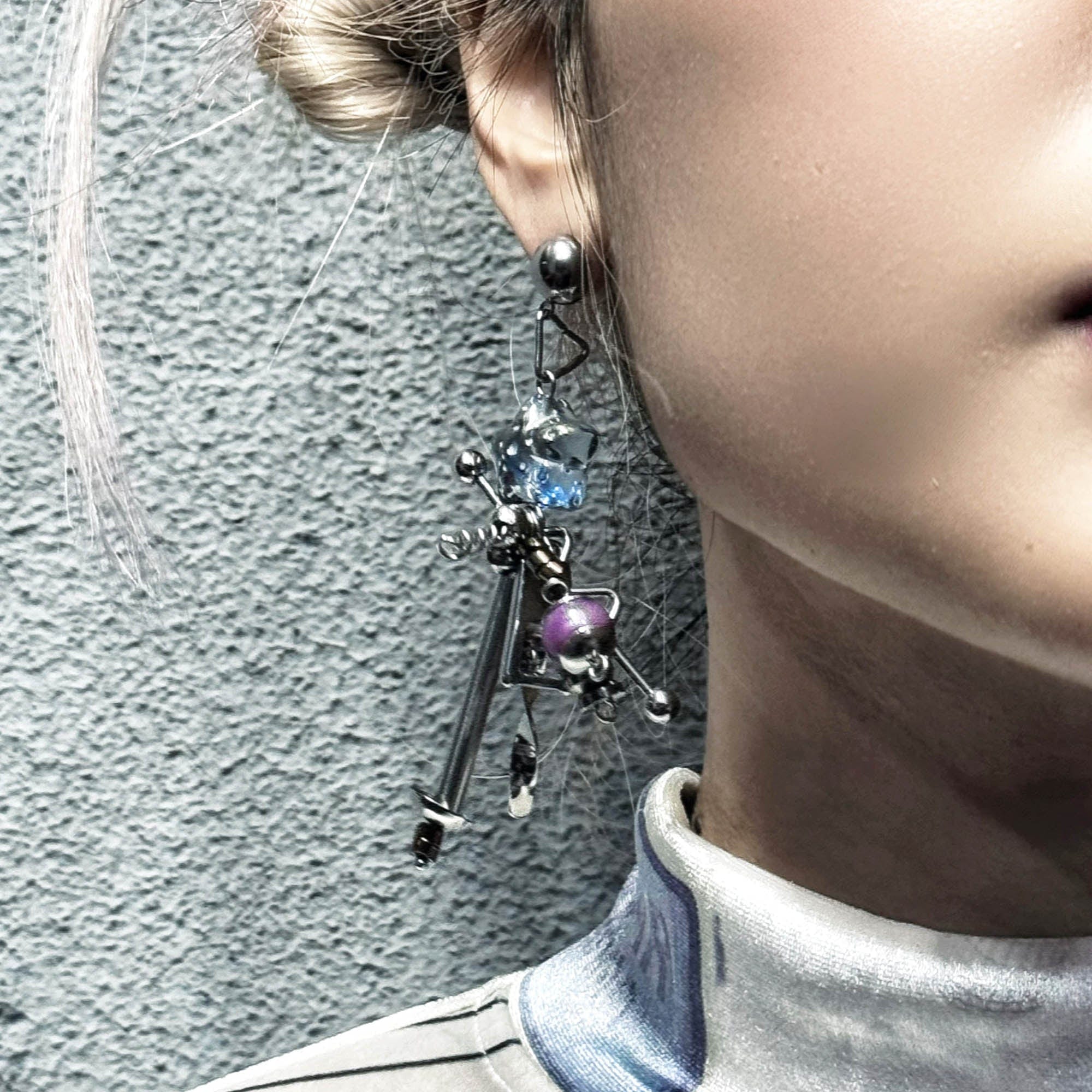 ILLUSORY Space Odyssey Industrial Drop Earrings/ Ear Clip Purple