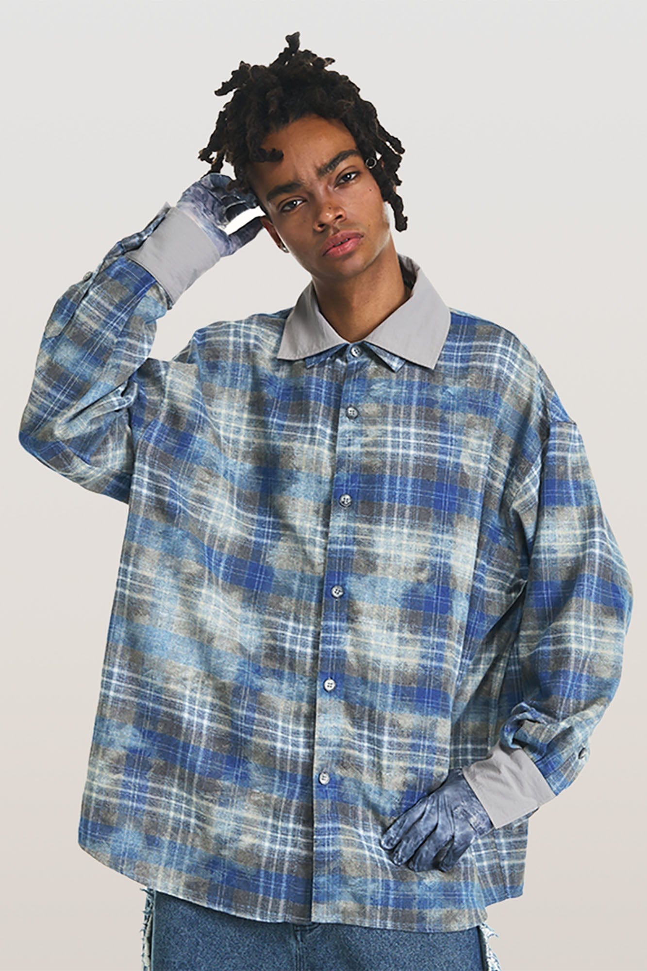 RELABEL Washed Plaid Tie-Dye Contrast-Collar Shirt