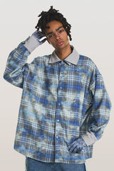 RELABEL Washed Plaid Tie-Dye Contrast-Collar Shirt