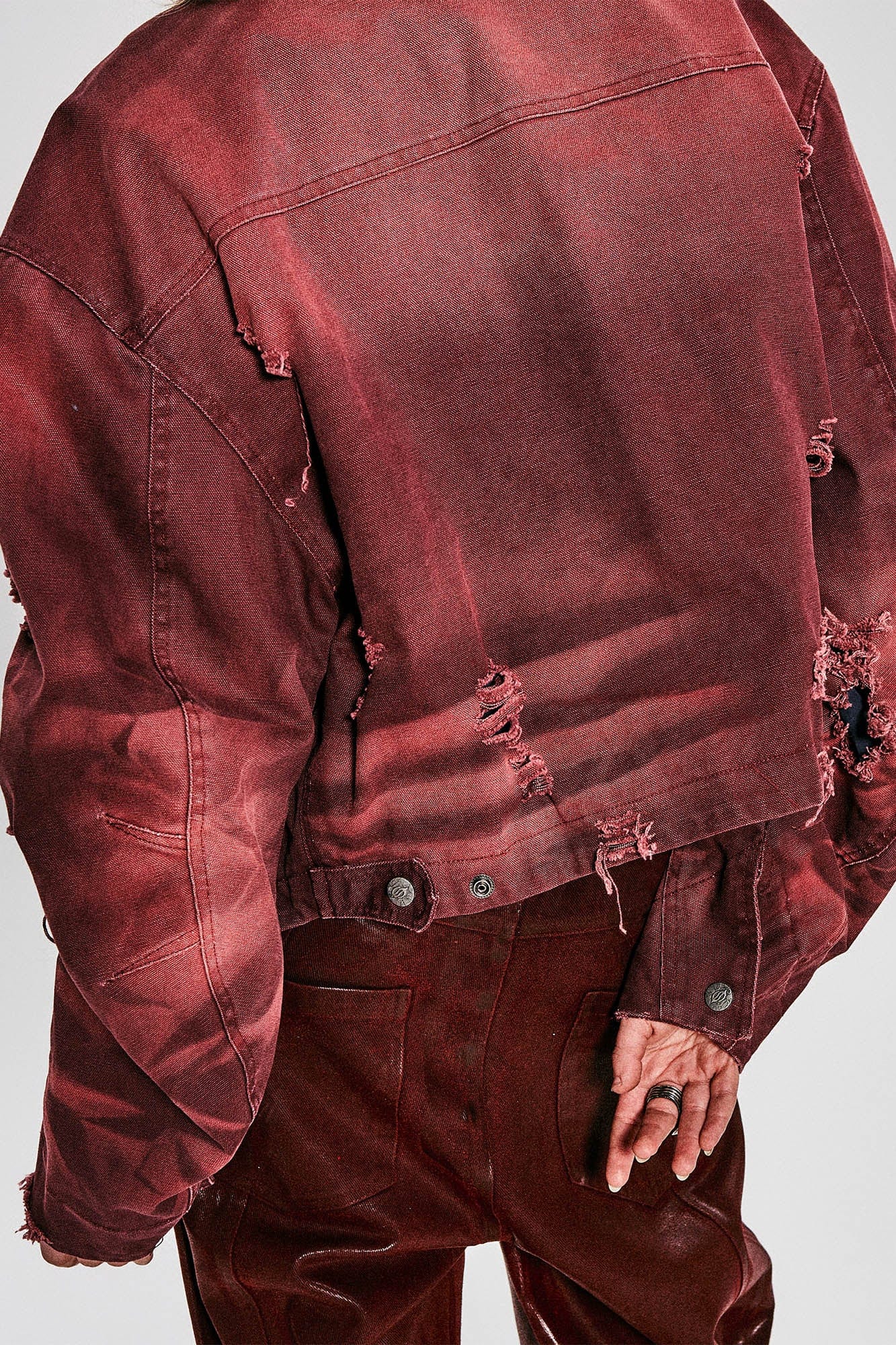 FLYERRER Distressed Curved Spliced Jacket Burgundy