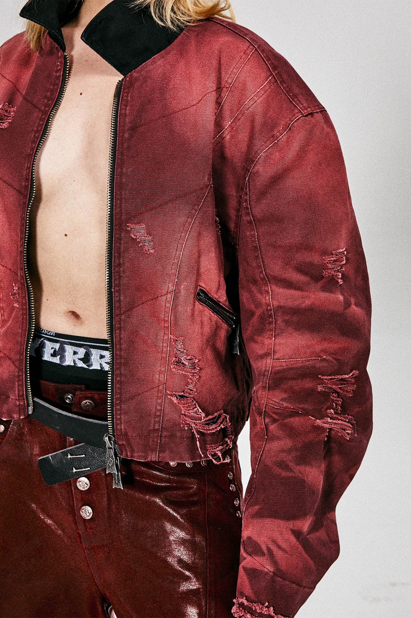 FLYERRER Distressed Curved Spliced Jacket Burgundy