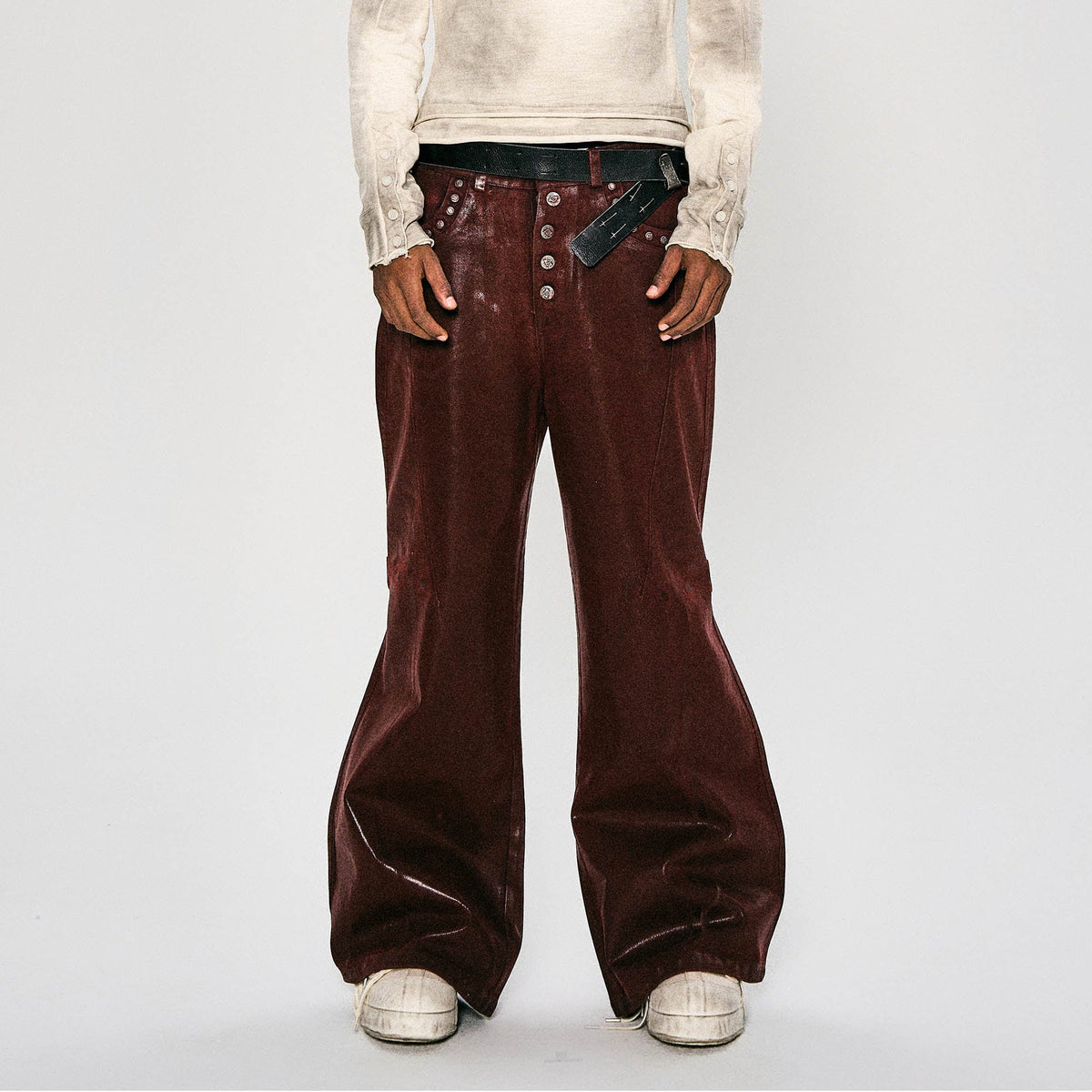 FLYERRER Waxed Spliced Studded Flared Pants