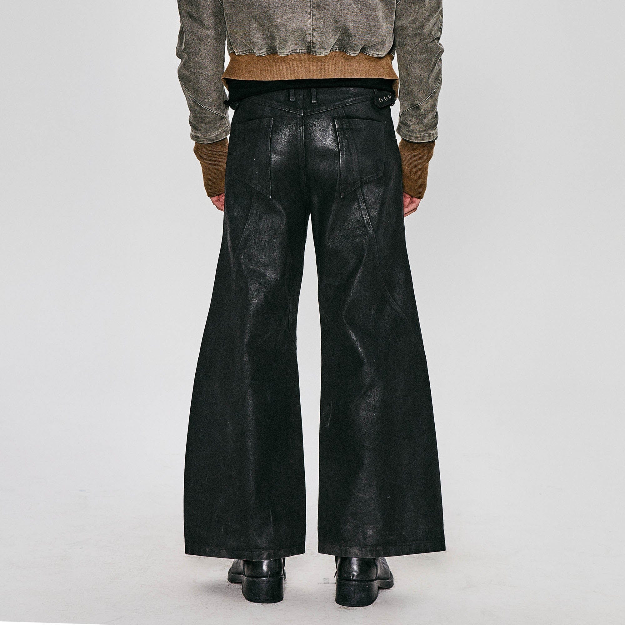 FLYERRER Waxed Deconstructed-Knee Zip-Hem Flared Pants
