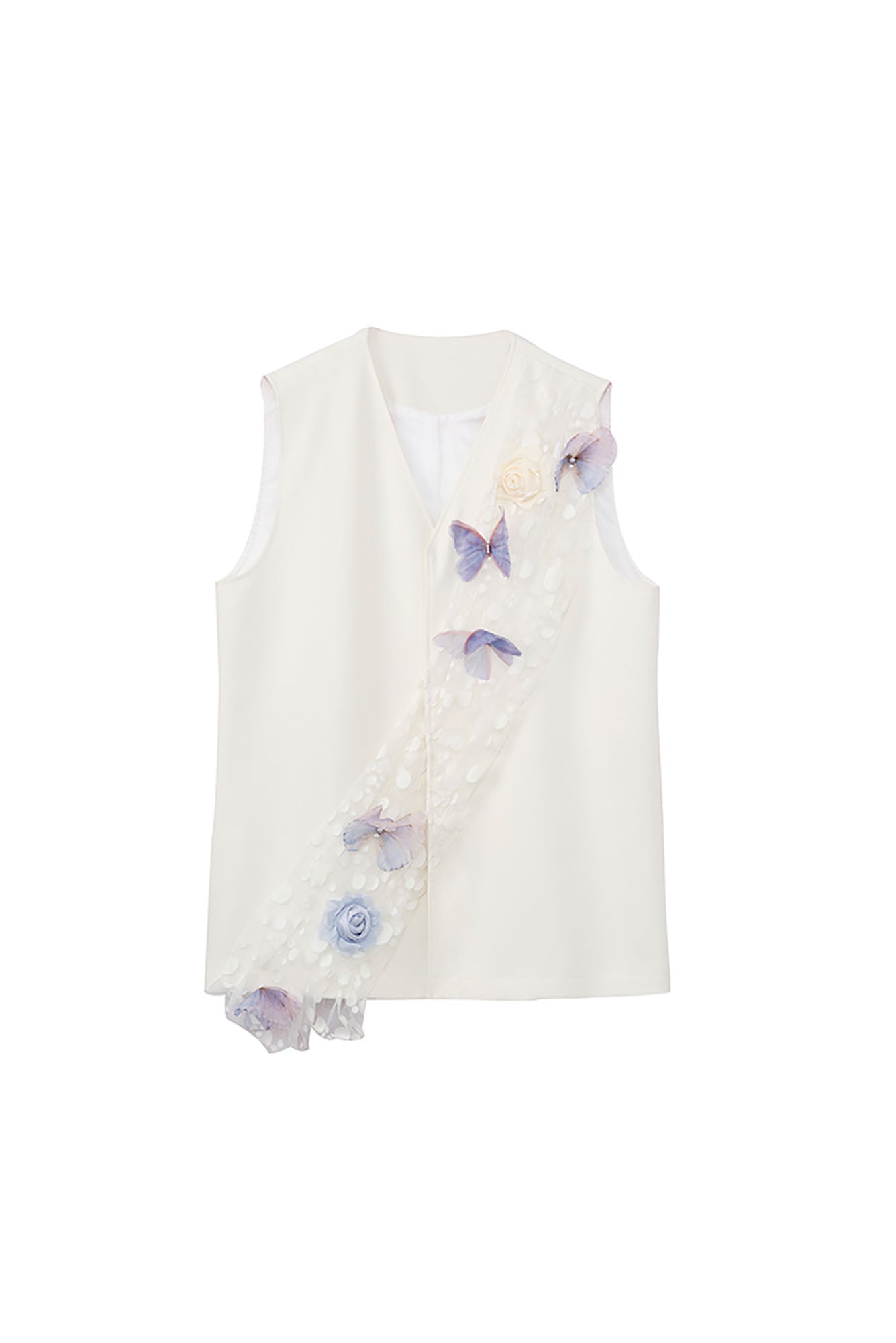 JIECHI Butterfly&Floral Asymmetrical Sheer V-Neck Vest