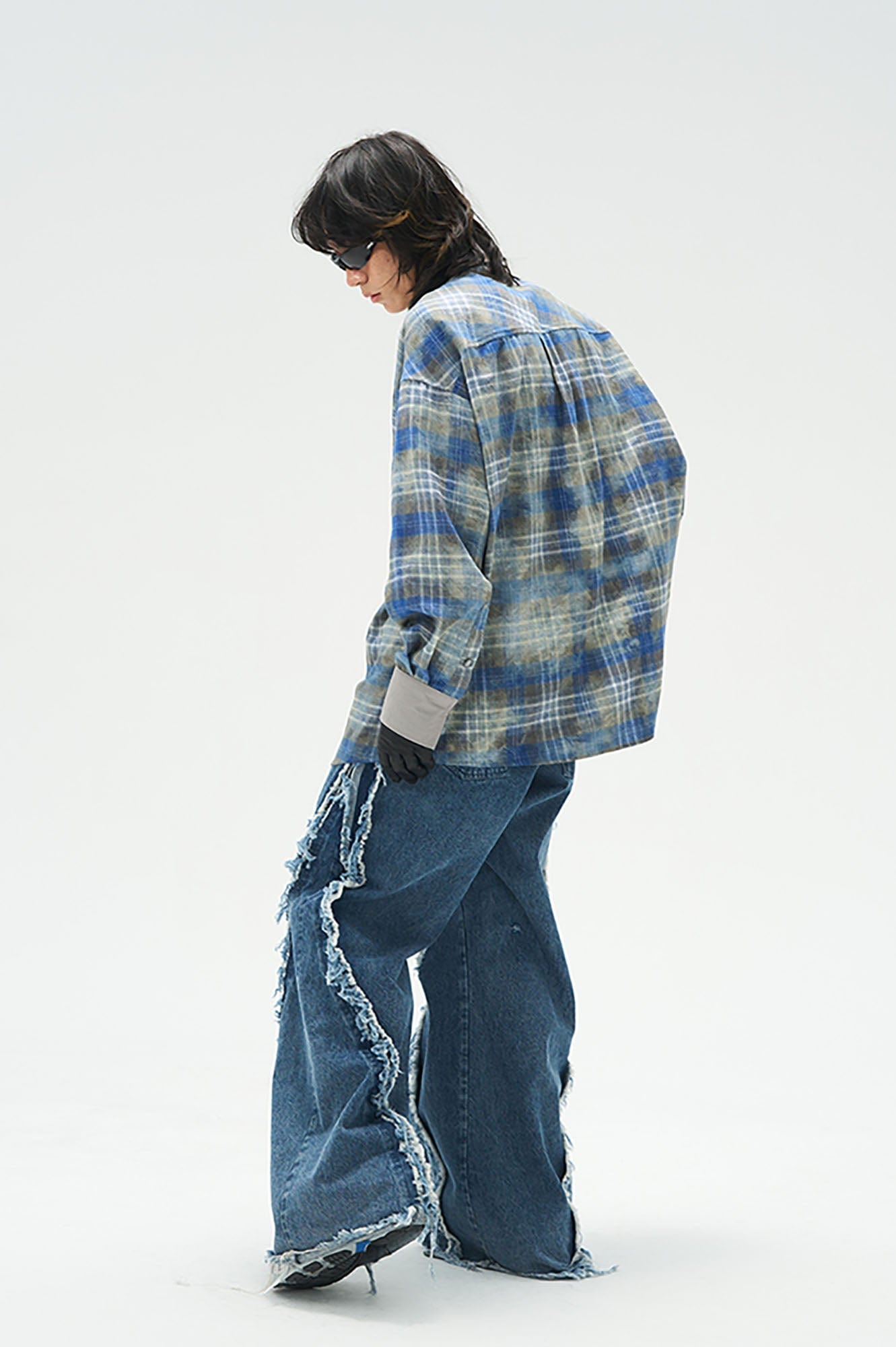 RELABEL Washed Plaid Tie-Dye Contrast-Collar Shirt